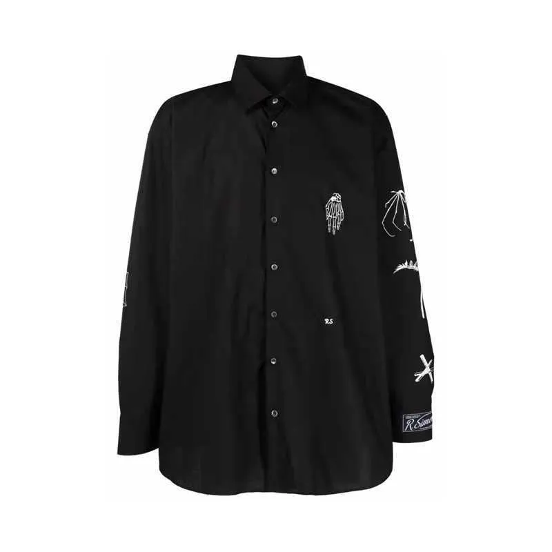 Camisas casuais dos homens Shiosai Outono Inverno Novo Raf Simons Estilo Solto Embroidery Impresso Camisa