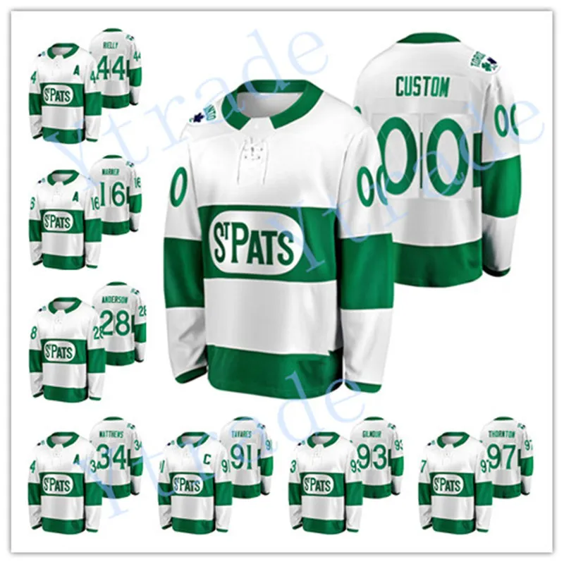 Personnalisé Hommes 2021 St. Pats Auston Matthews John Tavares Hockey Jersey Green Throwback Joe Thornton Mitch Marner Morgan Rielly Joey Anderson Doug Gilmour S-4XL