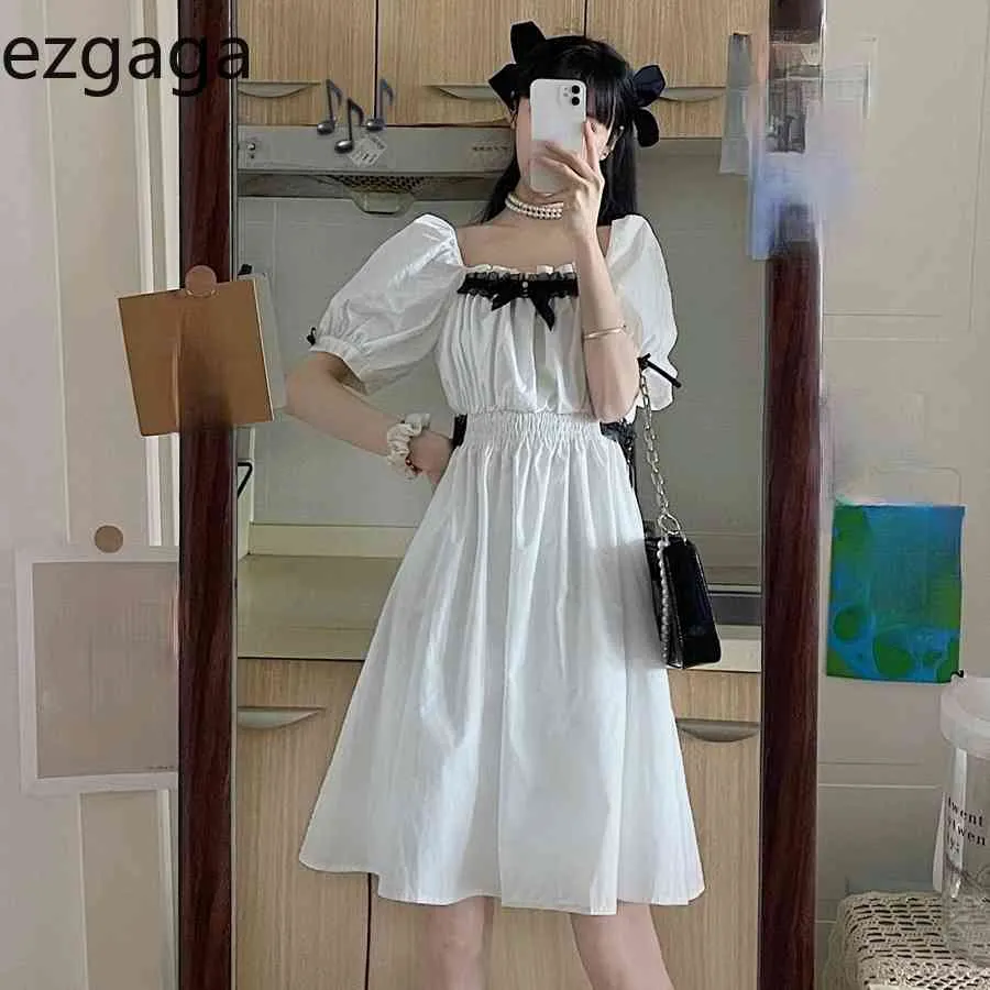 Ezgaga Chic femmes Robe mode coréenne à manches courtes nœud maille Patchwork a-ligne col carré été nouveau doux Vintage Robe 210430