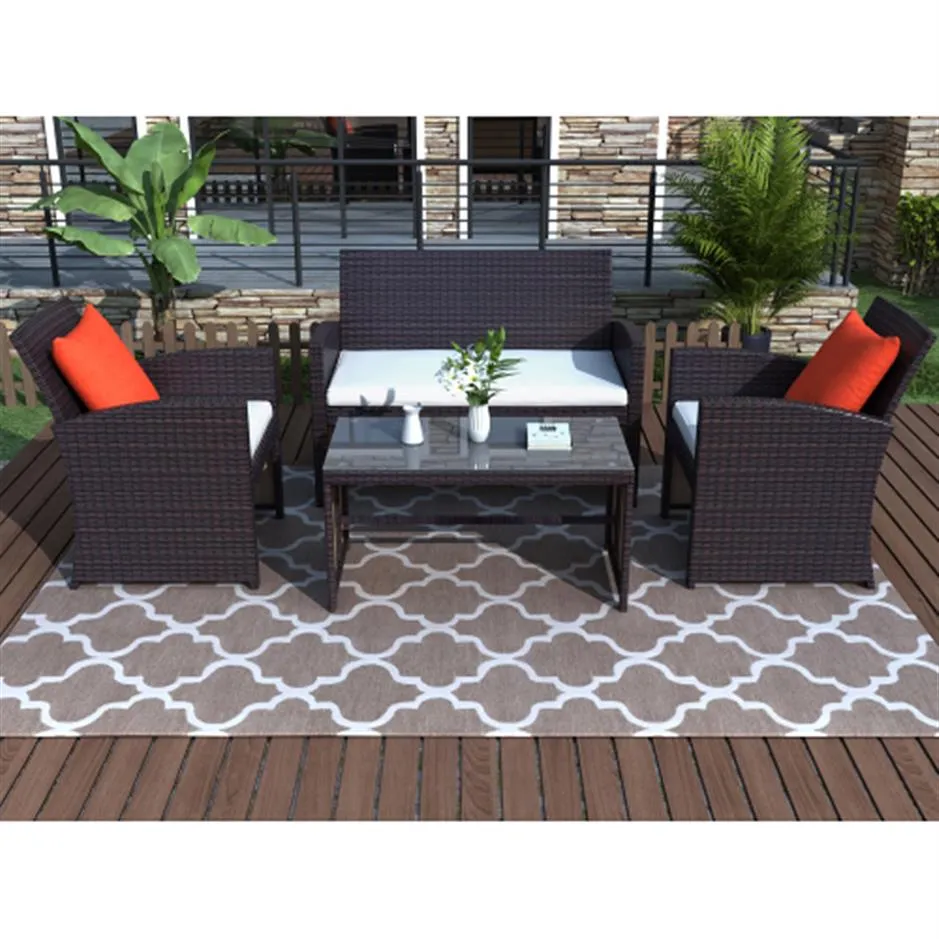TOPMAX 4 Pieces Outdoor Patio Set All-Weather Rattan Loveseat and Chairs with Tempered Glass Tabletop Cushioned Seats for Garden Lawn US a39
