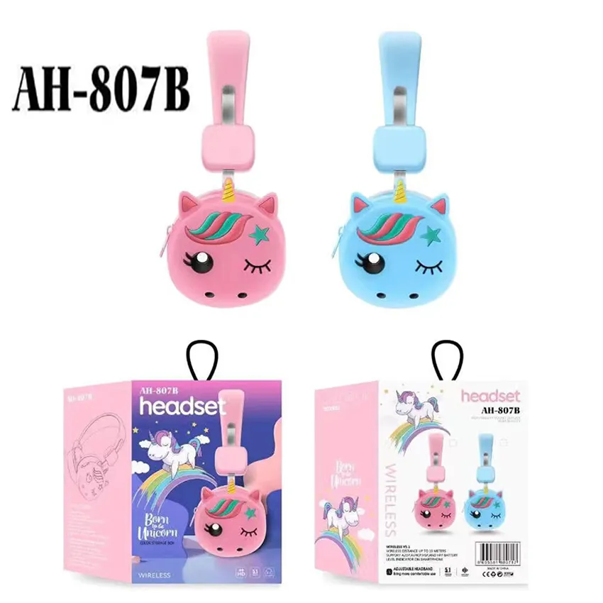 AH-807B Headphones Noise Cancellation High Quality Unicorn Wireless Bass Stereo Earphone Universal for Children Kids