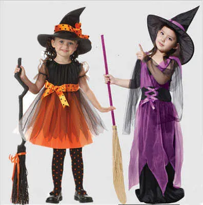 Bazzy Girl Cosplay Hexe Kleid mit Hut 2 stücke Kinder Fantasie Mädchen Halloween Kostüm Cosplay Kleid Baby Kleidung H0910