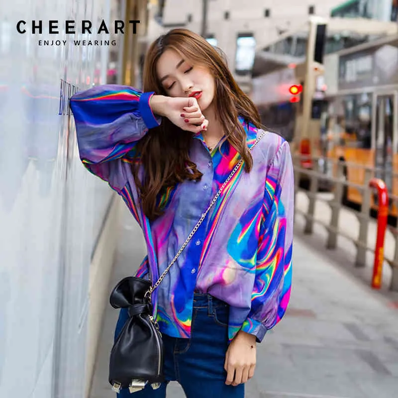 Holographic Print Womens Tops And Blouses Colorful Shirt Loose Long Sleeve Streetwear Blouse Top Femme 210427