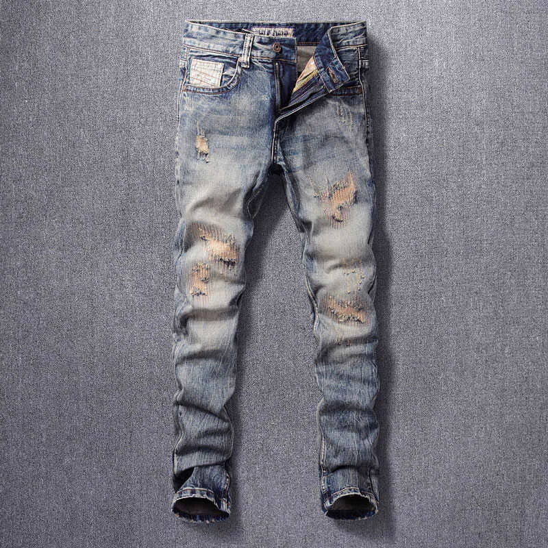 Włoski styl Moda Dżinsy Mężczyźni Wysokiej Jakości Slim Fit Zniszczony Ripped Retro Wash Vintage Patchwork Designer Denim Spodnie MC1U