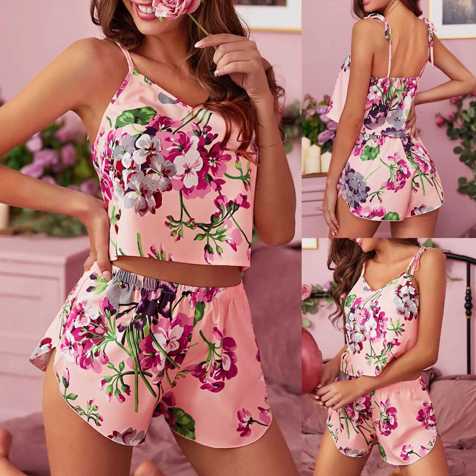 Floral Print Spaghetti Strap Pajama Set With Bowknot And Shorts