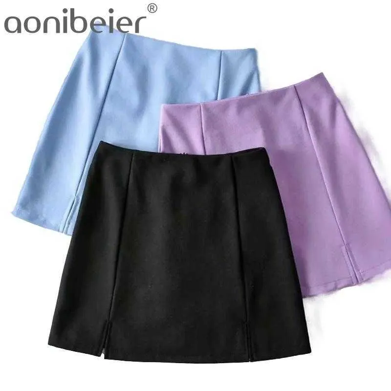 Zomer Mini Rok Sexy Een lijn Hoge getailleerde kantoor Dames Split S Back Rits Blue Purple Pink 210604