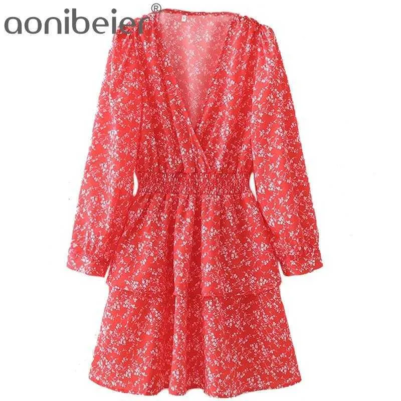 Printed Two Layered Ruffles Dress Summer Fashion Deep V Puff Sleeve Elastic High Waist Women Casual Mini Red 210604