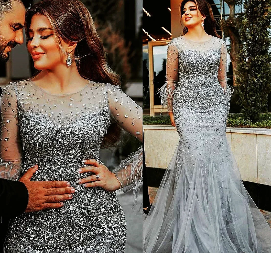 2022 Plus Size Arabski ASO EBI Srebrny Luksusowy Mermaid Prom Dresses Zroszony Kryształy Wieczór Formalna Party Druga Recepcja Urodziny Suknie Zaręczynowe Sukienka ZJ334