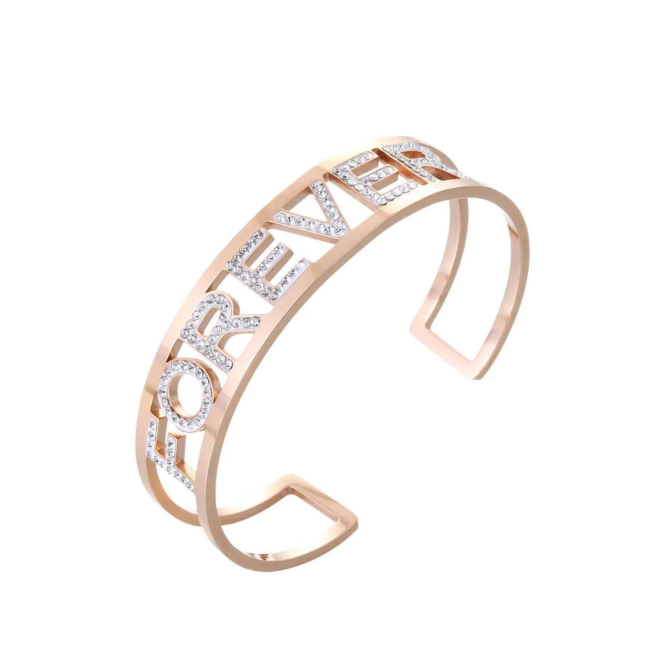 Rose Gold Forever Letter Manchet Armband Bangle Rvs Holle Kleurrijke Crystal Bangle voor Dames 2019 Nieuwe Sieraden Geschenken Q0719