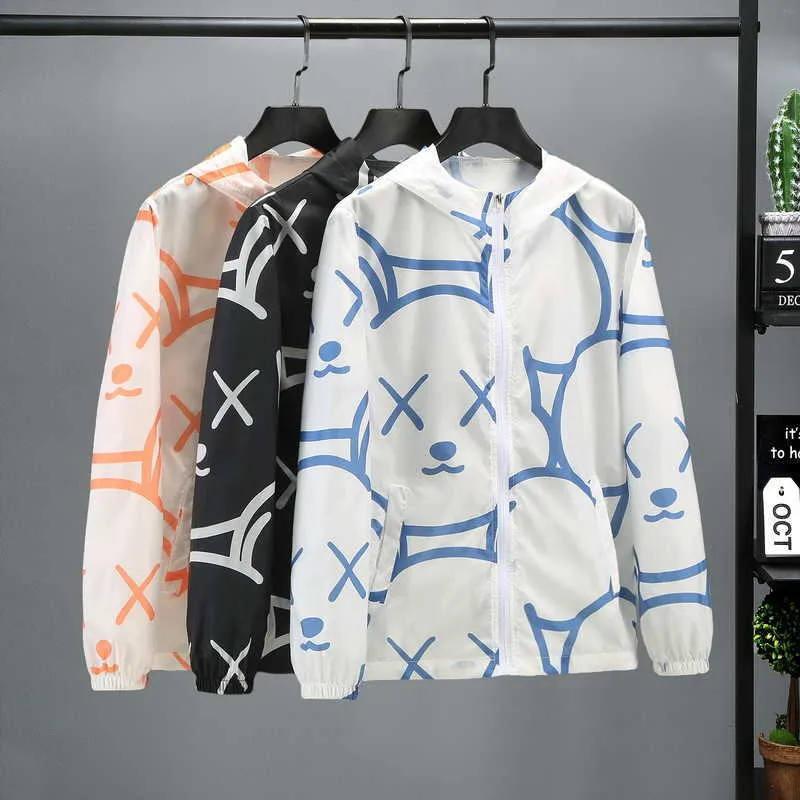 2021 Ny sommar tunna överdimensionella teckningar Skriv ut solskyddsmedel Människor Kvinnor Lös Hooded Fashion Hip Hop Jackets Windbreaker M-6XL X0710