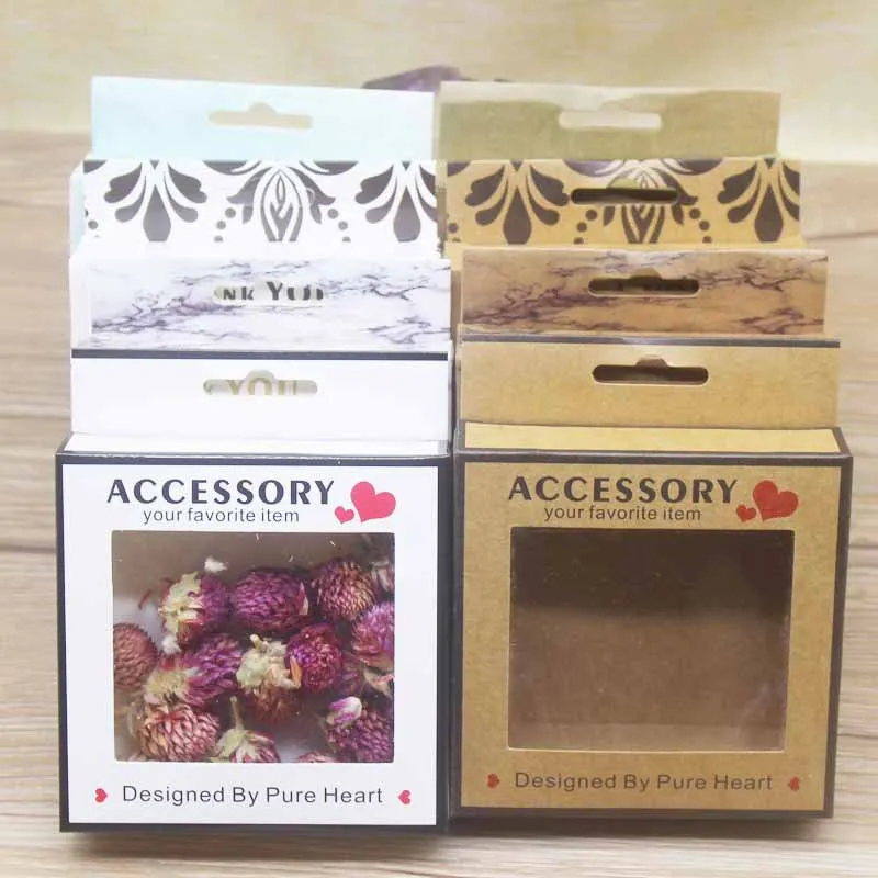 Tillbehörsförpackningsbox med fönster PVC Kraft Paper DIY Förpackning Container Tack Skriv ut Kartong Craft Boxes