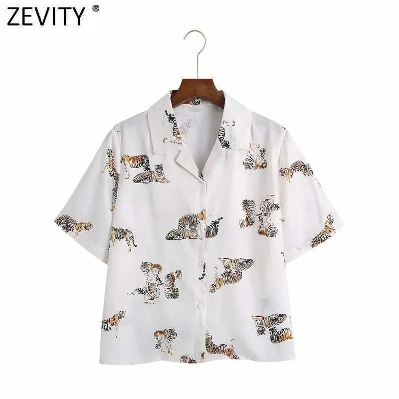 Zevity Kvinnor Slå ner Collar Tiger Print Smock Blouse Office Lady Short Sleeve Any Shirts Chic Summer Blusas Tops LS9354 210603