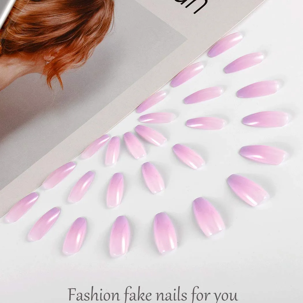 Glänsande lila Ombre Fake Nails Gradient Super Long Coffin Tryck på Ballerina False Fingernails Tips Akryl Full Cover Nail