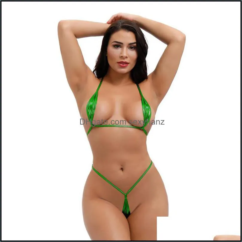 Women`s Swimwear Micro Bikini Plus Size Women Swimsuit Biquini Bikinis Patent Leather Bronzing Halter String Lace Thong Nightclub