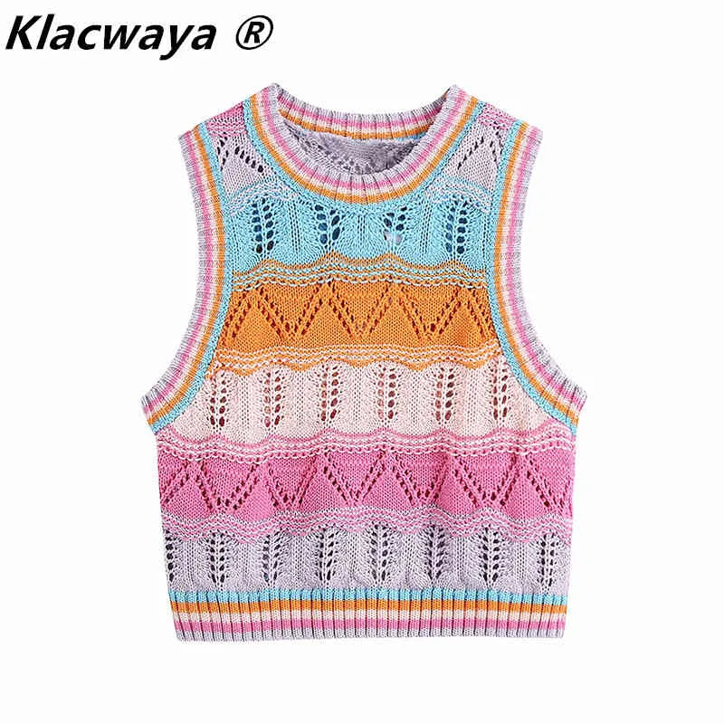 Kvinnor Färg Matchning Hollow Out Crochet Kort Stickning Sweater Lady Ärmlös Casual Slim Vest Crop Pullovers Tops 210521