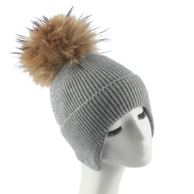 Mädchen Frauen Winter Wolle Beanie Hut Streetwear Warme Ohr Schutz Skullies Beanies Echte Waschbär Fell Pompon Gestrickte Hüte 211229