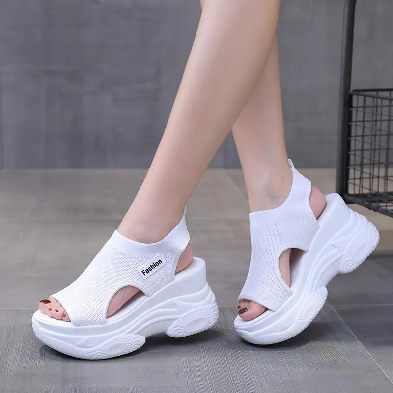 Sandalen Rimocy Super High Heels Chunky Plattform Für Frauen Sommer 2021 Gestrickte Mesh Sport Schuhe Frau Keil Alias Mujer Weiß