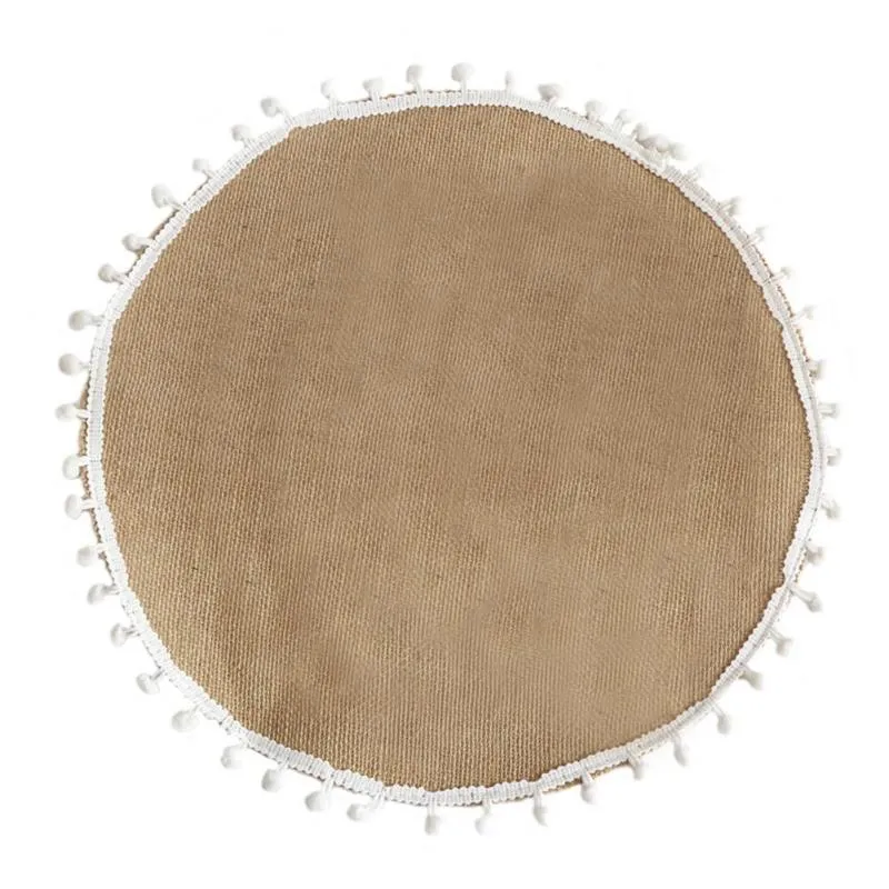 Mats Pads tejidos Round Boho Placemats Conexión de lino de algodón con bola de pompón Tablilla rústica neutra para regalo de Navidad