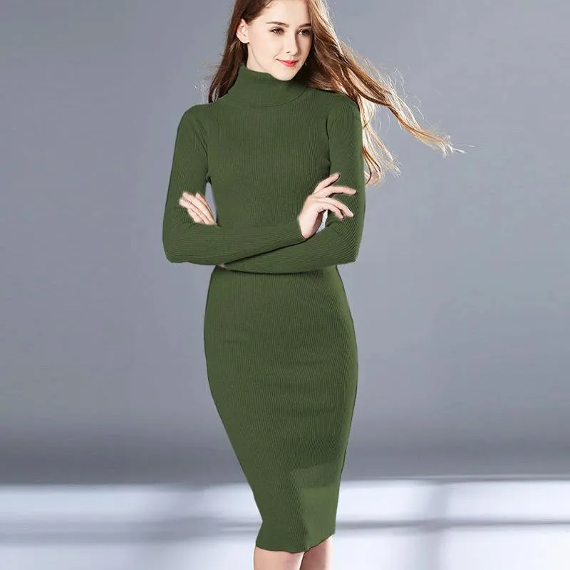 Casual Dresses Autumn Winter Green Elegant Warm Turtleneck Knitted Women Long Sleeve Office Sweater Dress