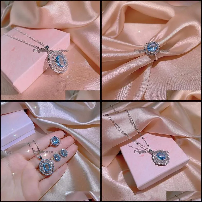 Earrings & Necklace Ocean Blue Zircon Women`s Jewelry Set Three-Piece Ring Wedding Bridal