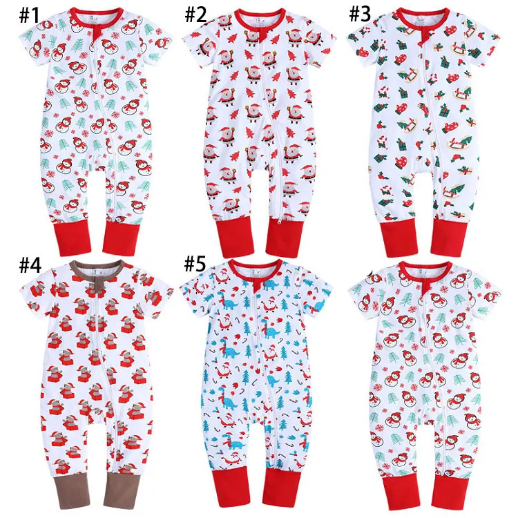 Sommar jul baby rompers söt nyfödd barn flicka avslappnad kortärmad långa byxor Santa Claus träd snögubbe tryckta dragkedja jumpsuits toddler kläder m3817