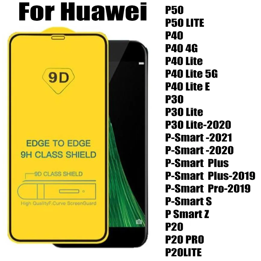 واقي شاشة زجاجي مقسّى بغطاء كامل 9D لهواوي P50 P40 LITE E 5G P30 P30-LITE P20 P smart psmart plus 2021 2020 2019