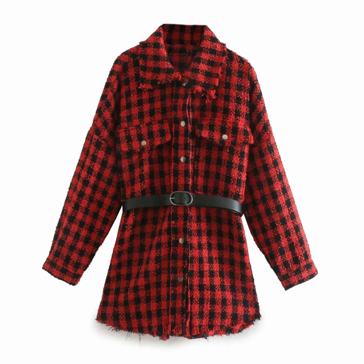 BLSQR Fashion With Belt Tweed Jacket Coat Women Long Sleeve Frayed Tassel Female Outerwear Chic Plaid Pocket Tops 210430