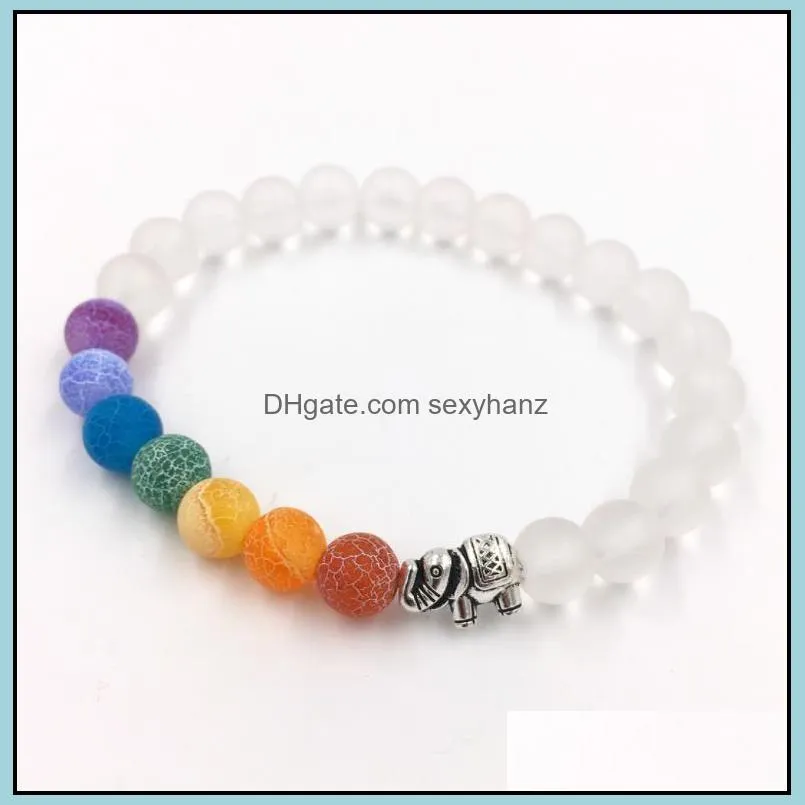 Beaded, Bracelets Jewelrybeaded Strands 8Mm White Frosted Matte Elephant Friendship Bracelet Handmade 7Colour Chakra String Energy Yoga