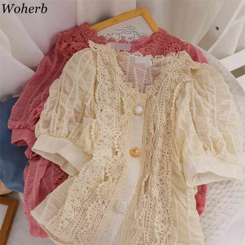 Korean Fashion Clothing Solid Chiffon Shirt Women Blouse Lace Embroidery Summer Womens Tops Patchwork Blusas Mujer 210519