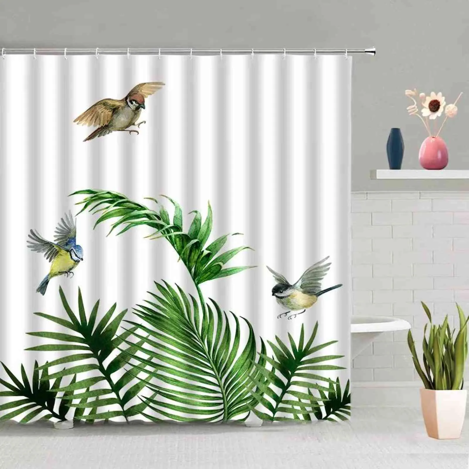 Tropical Green Plant Palm Leaf Bathroom Monstera Shower Curtains