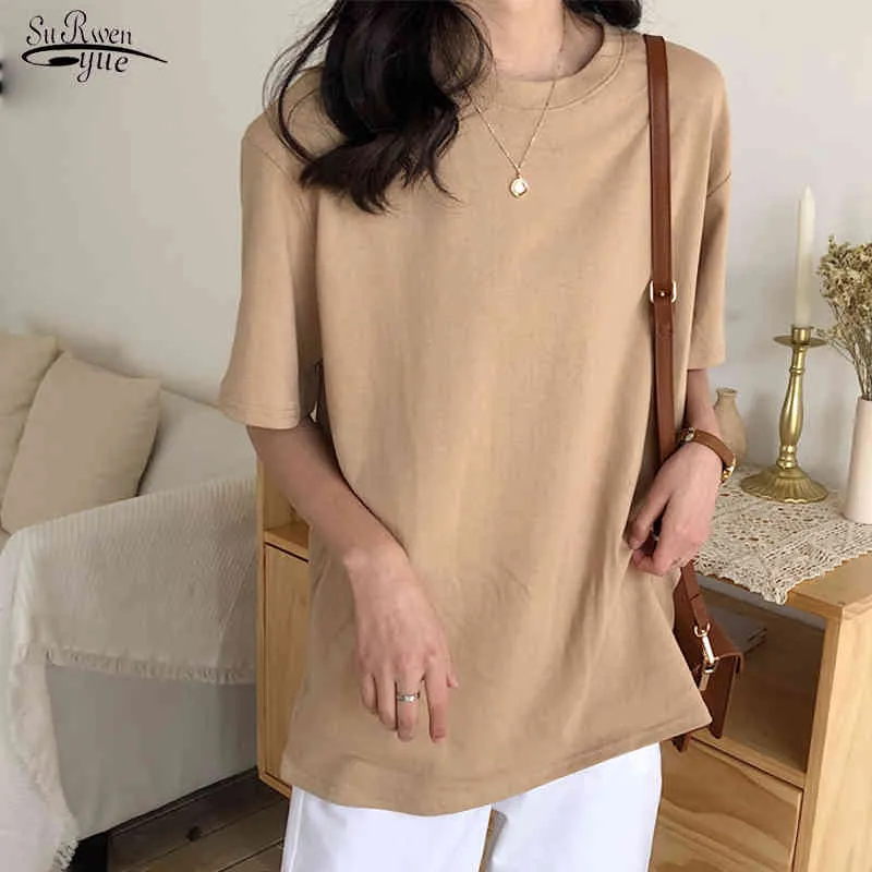 Summer Cotton Short Sleeve O Neck Women Shirts Casual Plus Size Loose Blouse Solid Pullover Tops 9702 210508