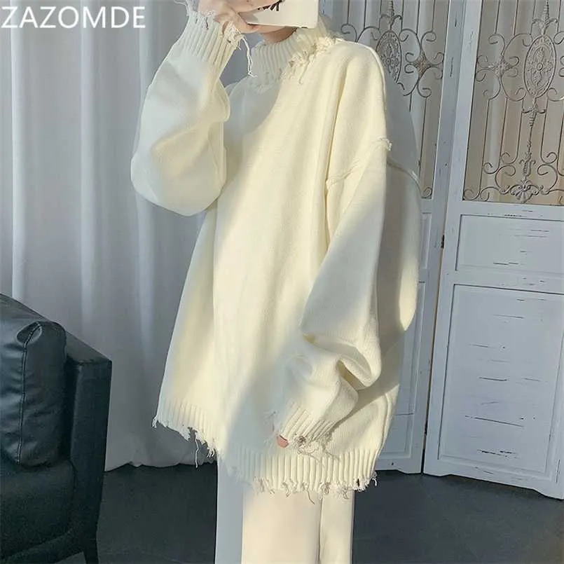 Zazomde Höst Vinter Män Tröja Solid Färg Casual Loose Stickning Turtleneck Sweater Tassel Pullovers Hip Hop Street Male Toppar 211006