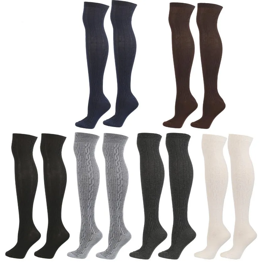 Calzini alti da donna in maglia a trecce, extra lunghi, invernali, sopra il ginocchio, stivali, calze, scaldamuscoli, grigio, nero, bianco, blu navy, caffè