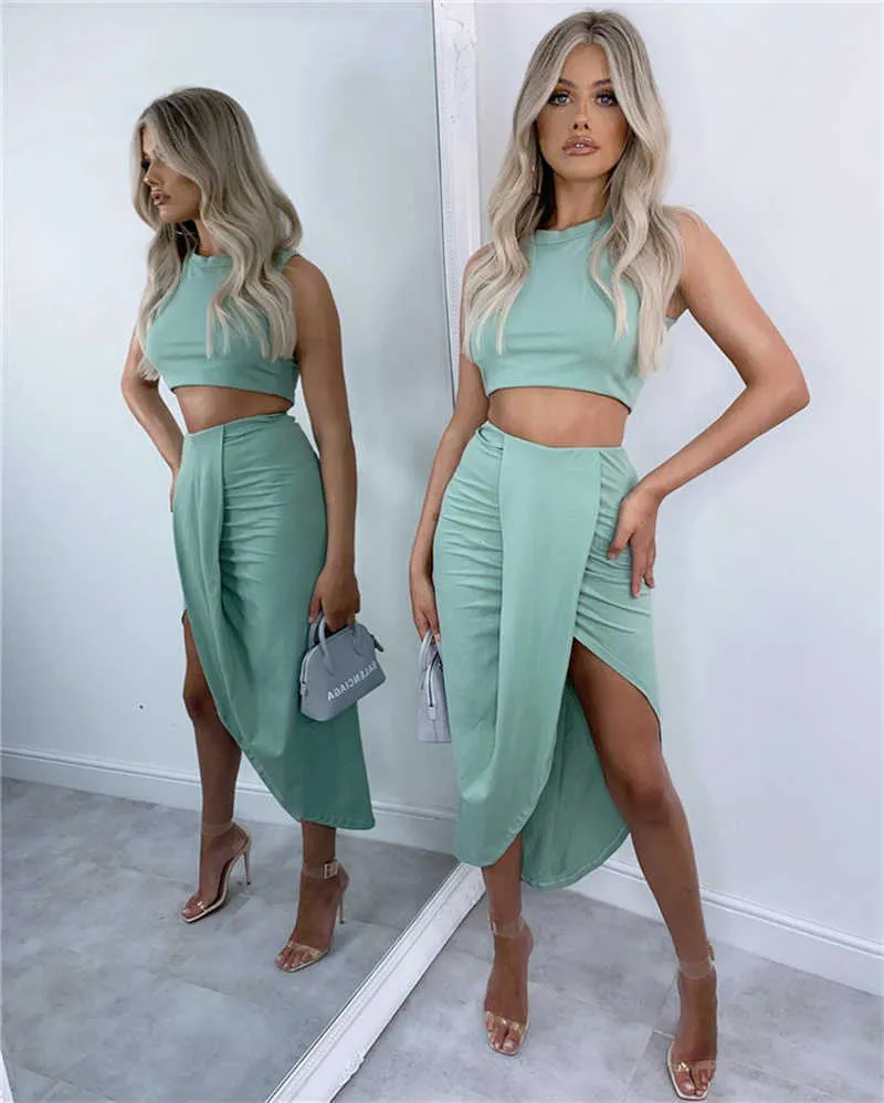 CHRONSTYLE Summer Two Piece Sets Female Sexy Tanks Crop Tops Side Split Long Maxi Skirt Beach Clubwear Party Elegant Outfits X0709