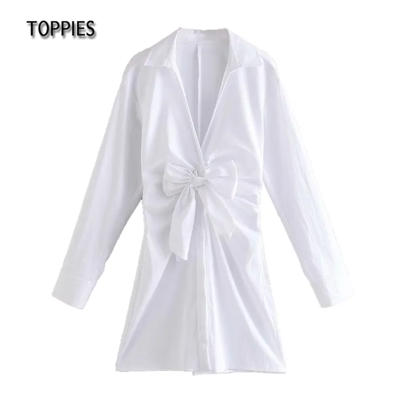 Fashion White Shirt Dress Women Sexy V-neck Big Bow Chic Mini Long Sleeve Female Party Clothes 210421