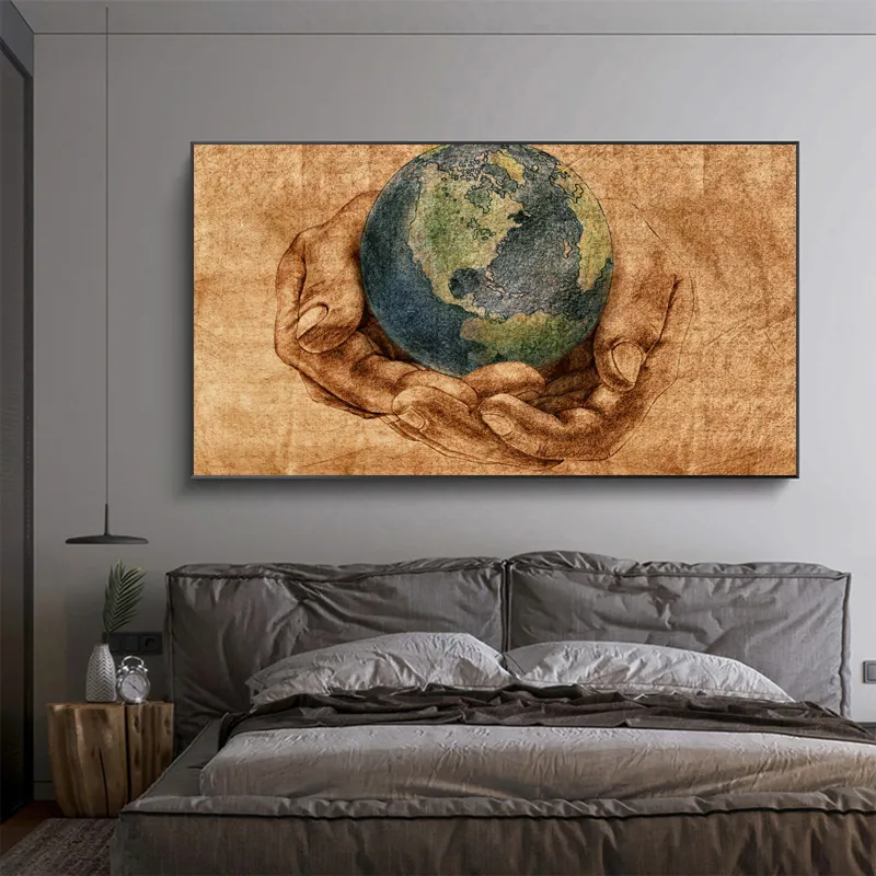 Earth on Hands Vintage Decorative Paintings Retro Posters Wall Art Pictures For Living Room Canvas Prints Home Decor