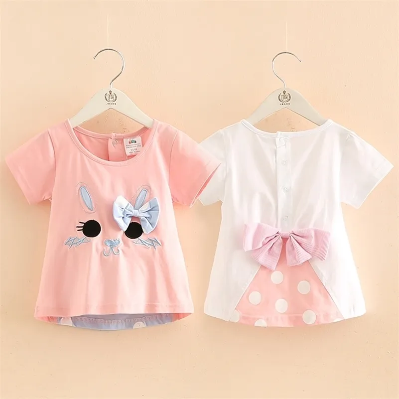 Barnkläder Sommar 100% Bomull Vit Rosa Tecknad Katt Dot Bowknot Patchwork Short Sleeve O-Neck T-shirt för tjejer 210701