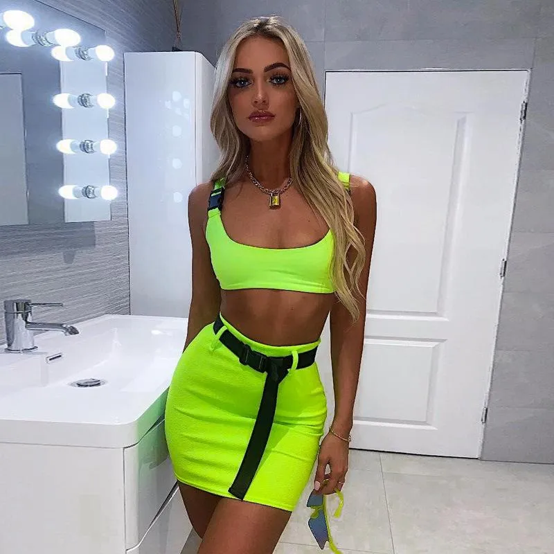 Tvådelad klänning Sommar Dam Neon Pieces Set Kjol Bandage Crop Top och träningsoverall Outfits Streetwear 2 Festivalkläder