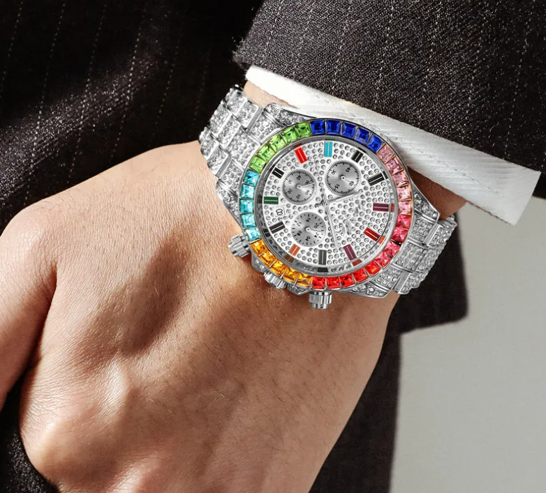 PINTIME Luxo Cristal Completo Diamante Quartzo Bateria Data Relógio Masculino Decorativo Três Subdials Marcador Colorido Relógios Brilhantes Fato 2397