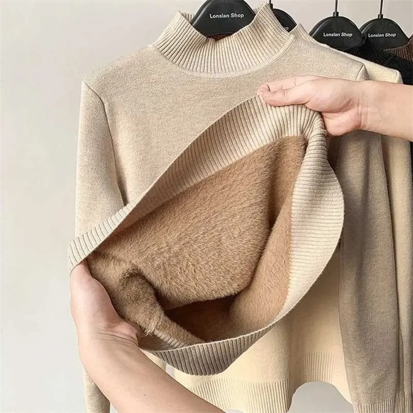 Cuello alto coreano Slim Punto Jerseys Ropa de moda Mujer Invierno Suéter Casual Fleece Forrado Cálido Prendas de punto Base Camisa 211103