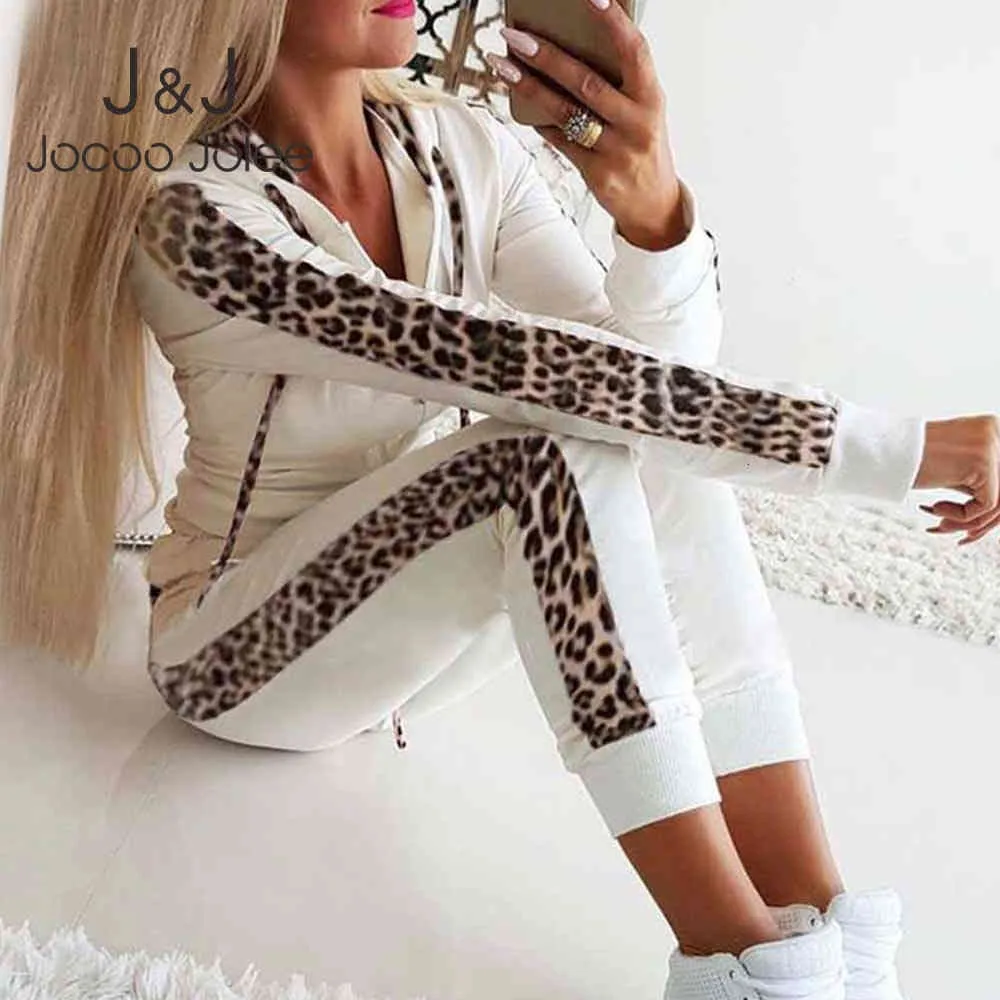 Jogoo Jolee Mulheres Leopard Print Shipsuit Outono Inverno Dois Peças Definir Splice Velo Casaco Dentro Calças Casuais Calças Longas Terno 210518