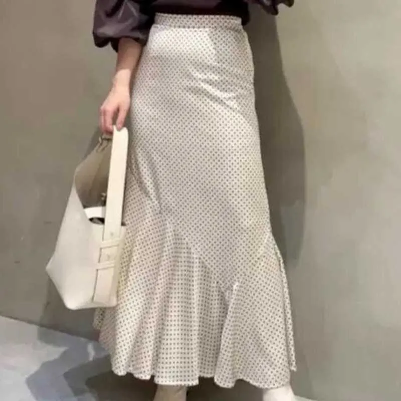 Summer Elegant All-match Dot Trumpet Long Skirts Women Sweet High Waist Mermaid Mujer Faldas Fashion Slim Satin Jupe 210525