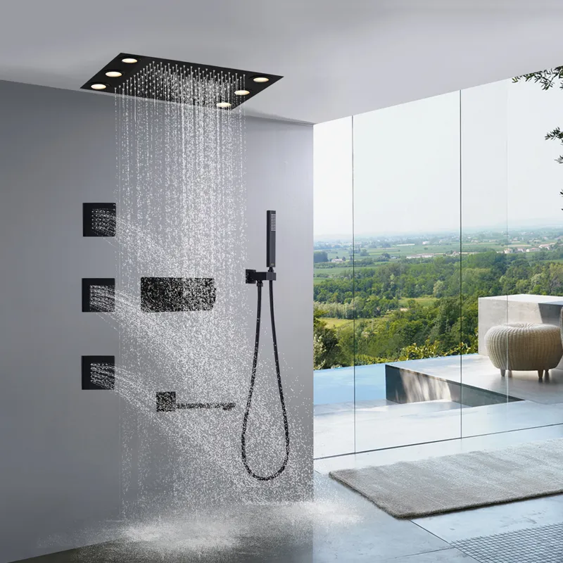 Tête de douche de pluie noire mate avec vapeur à main le mélangeur de mélange de mélange chaud et froid 14 x 20 pouces LED