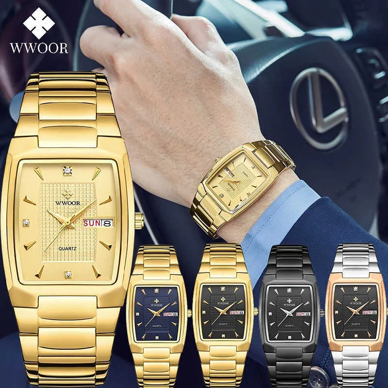 Wwoor Golden Klockor Män Top Brand Luxury Square Quartz Armbandsur Mens Vattentät Business Date Clocks Relogios Masculino 210527