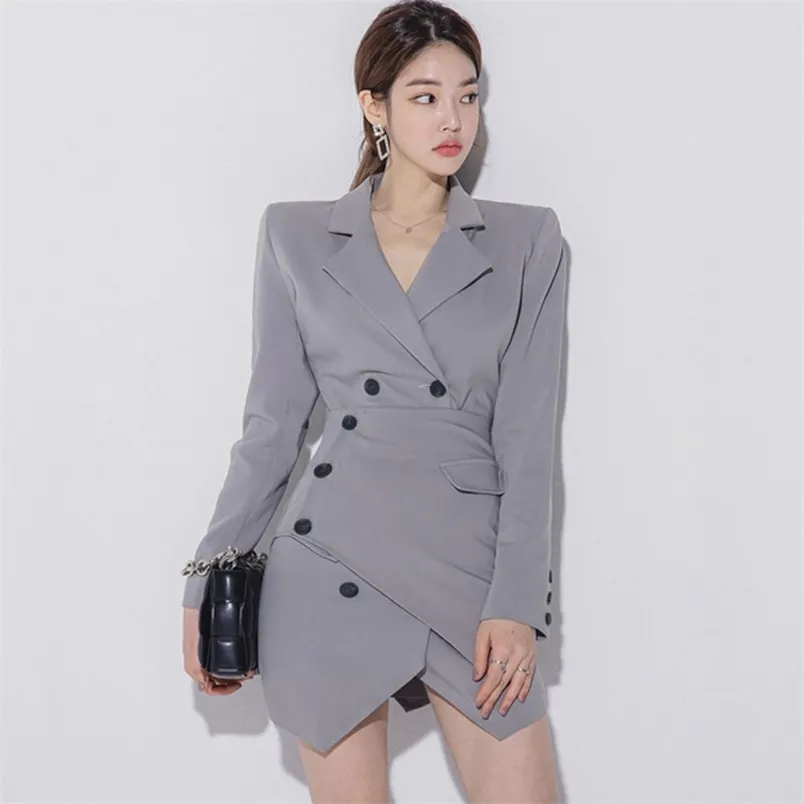 Korean Spring Fashion Office OL Lady Dresses Notched Collar Double breasted Chic Irregular Mini Dress 210519