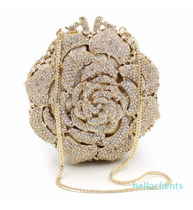 Designer-Luxury Crystal Clutch Evening Bag Golden Rose Flower Party Purse Women Wedding Bridal Handbag Pouch