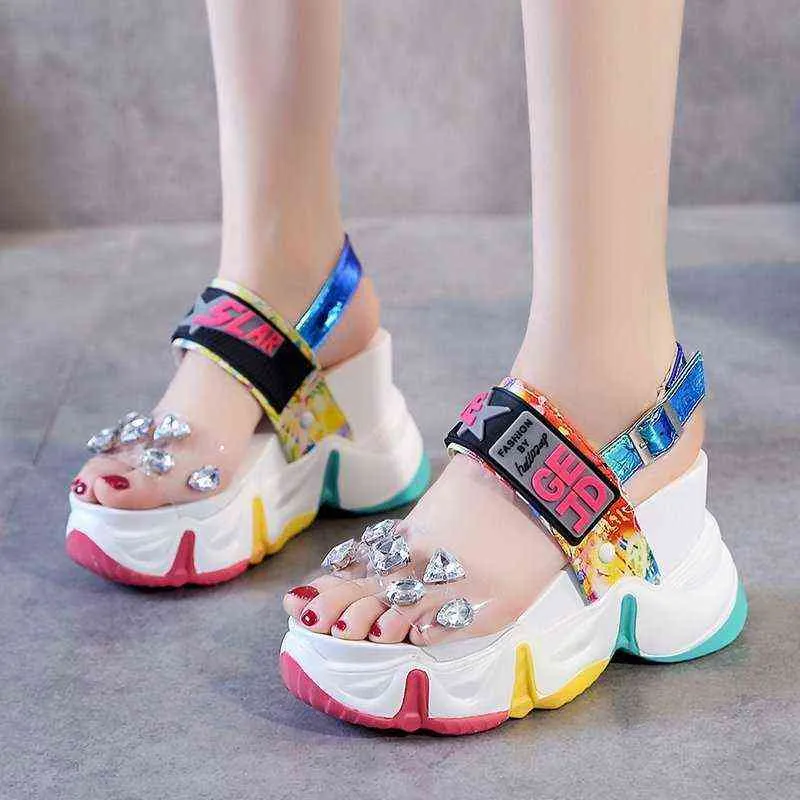 Sandals Summer Women Fashion Diamond Wedge Sandal Rhinestone High Heels Ankle Strap Slippers Chunky Platform Shoes Woman 220121