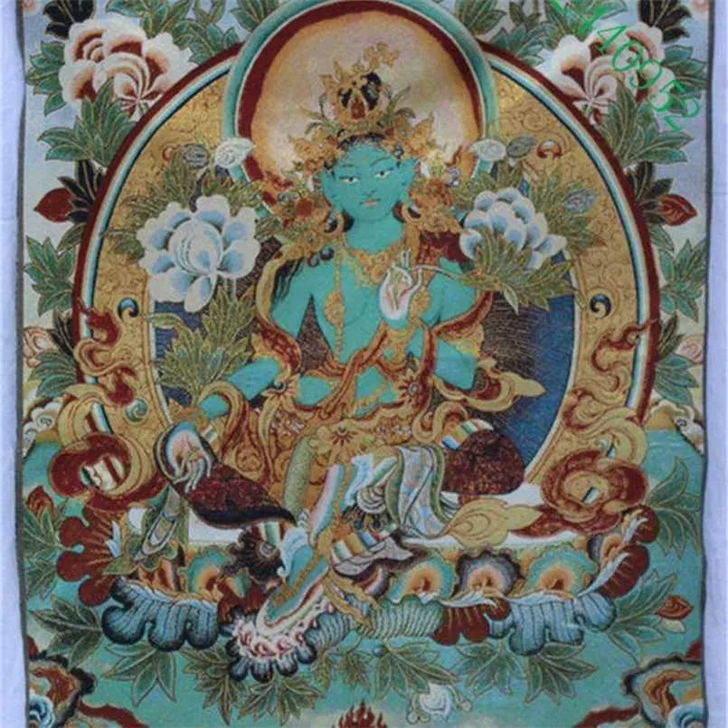 Tibet Buddhism Silk embroidery Seat Green Tara Thangka Painting Mural. 211108