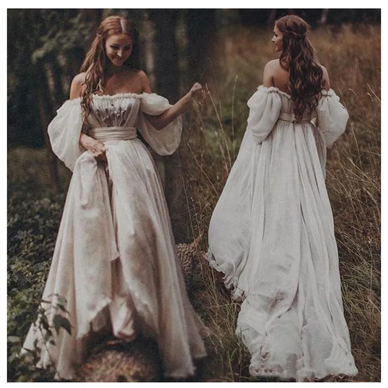 Robe de mariée princesse à épaules dénudées, manches bouffantes appliquées, ligne a, dos nu, style Boho