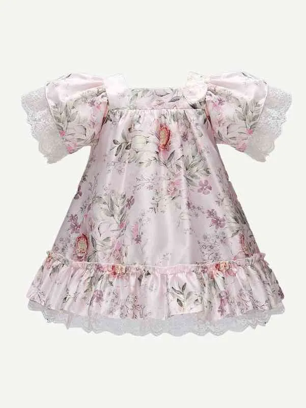Baby Floral Cópia Contraste Lace Buff Manga Ruffle Hem vestido de cetim vestido ela